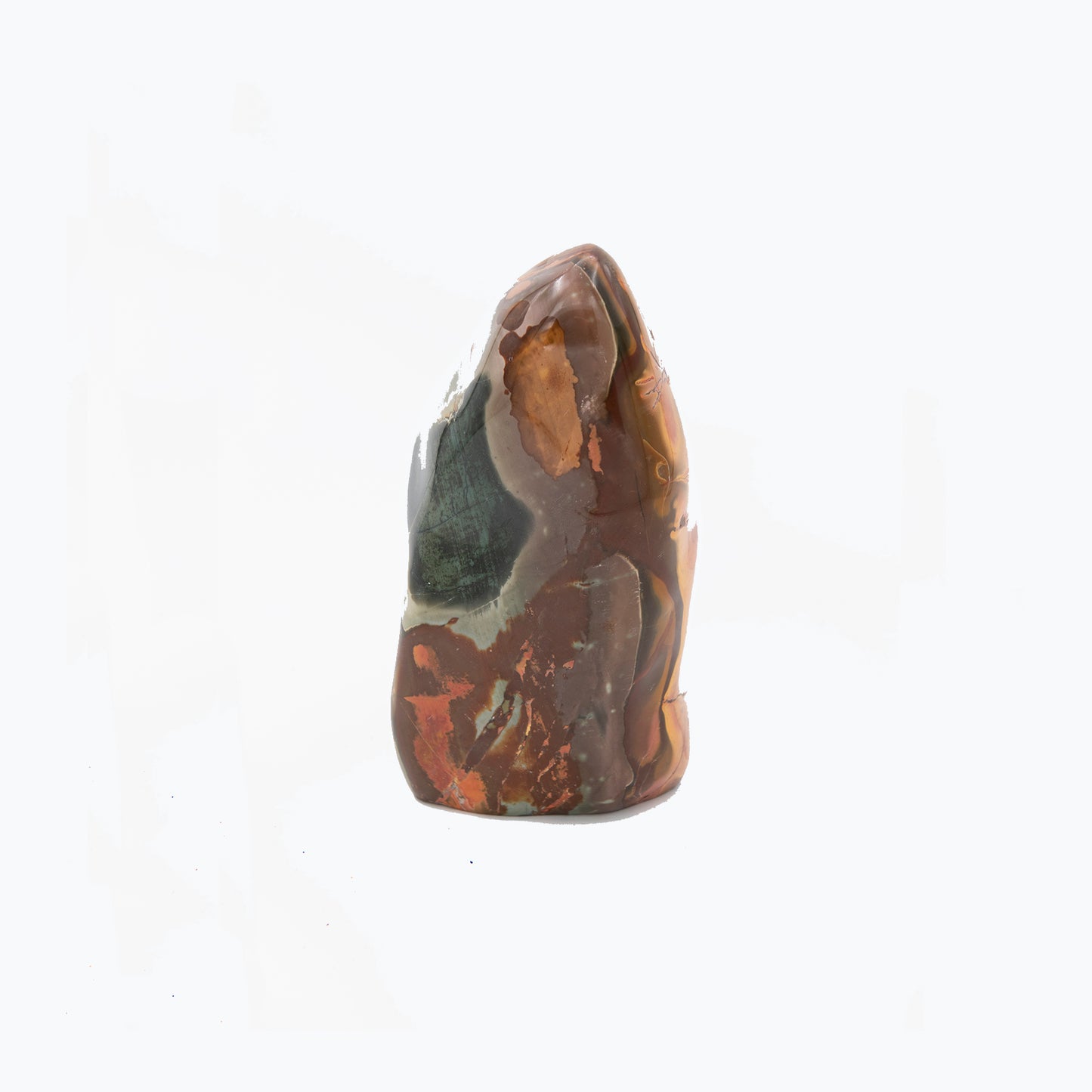 Madagascar Polychrome Jasper. Beautiful colors and patterns. Size: 9 inches tall and 3 inches wide. Shamans call this a stone of stability and grounding.