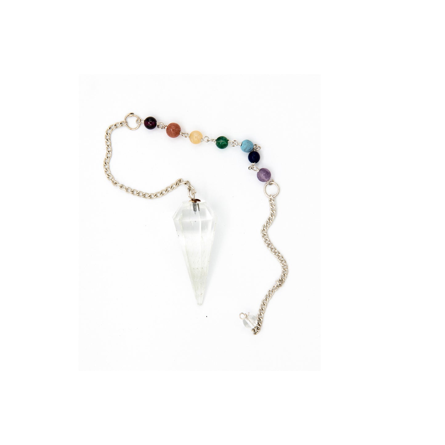 Faceted Quartz Pendulum with Chakra Stones. Solve your indecision with this powerful pendulum. Quartz pendulum is approx. 1.5 inches long.