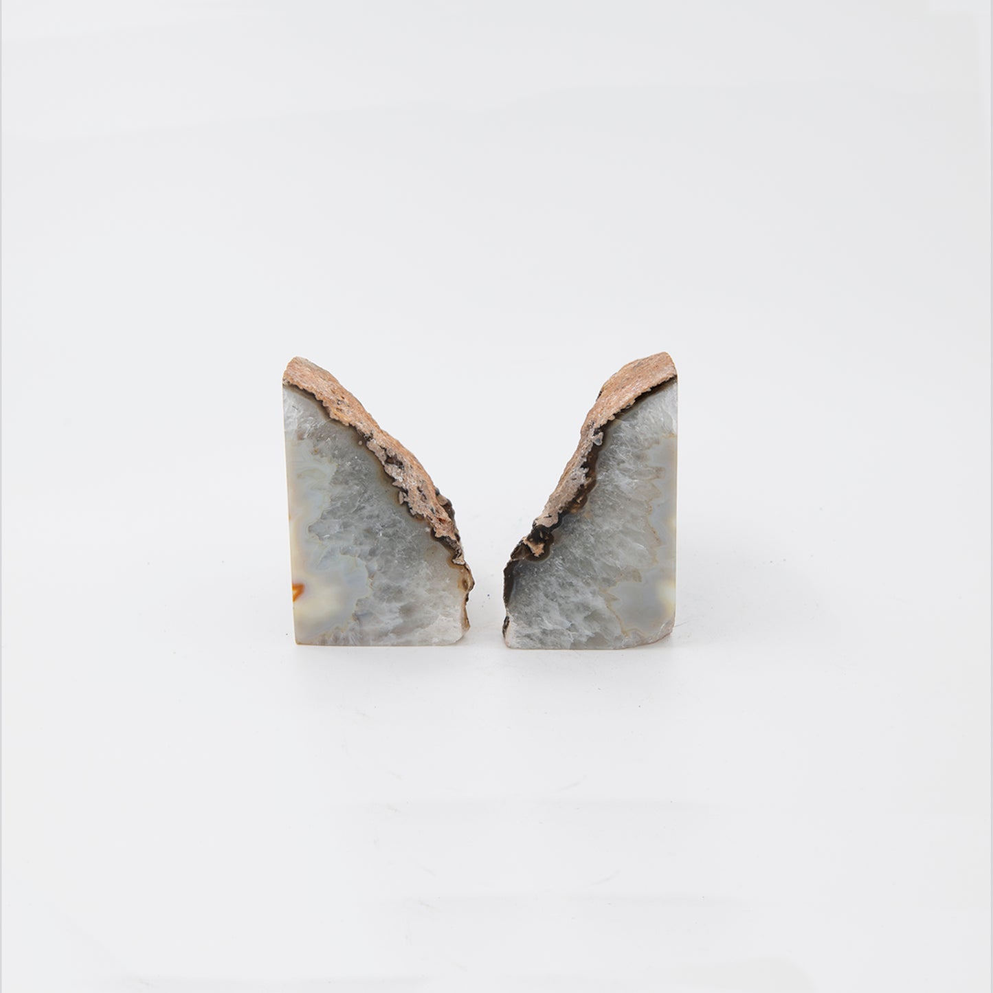 Brazillian Agate Bookends. Side view. Beautiful agate and quartz combination in these fine bookends. Size is 4 x 6 inches.
