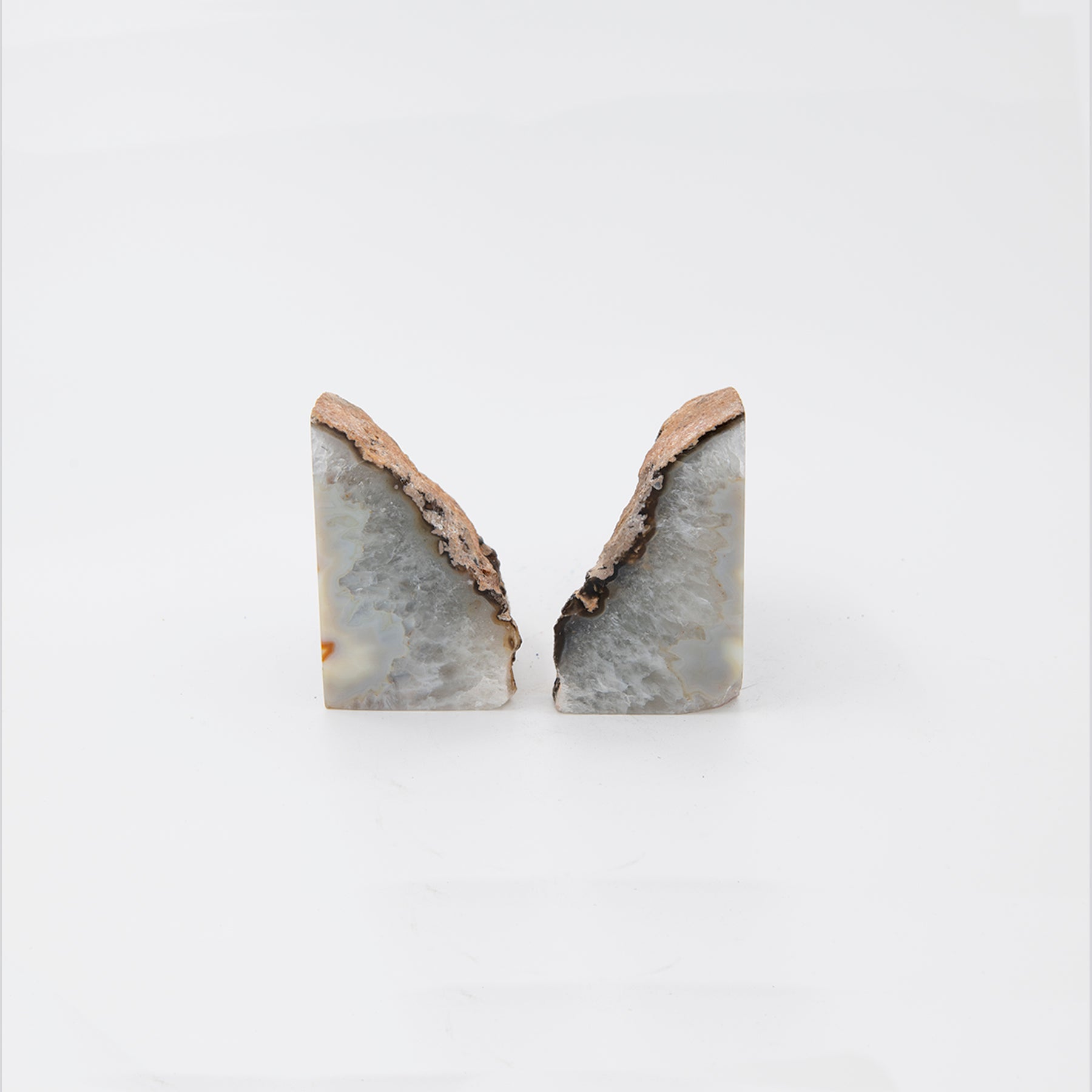 Brazillian Agate Bookends.  Side view.  Beautiful agate and quartz combination in these fine bookends. Size is 4 x 6 inches.