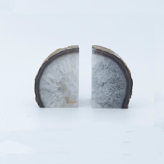 Large Starburst Quartz / Clear Agate Book Ends.  Beautiful Starburst pattern.  Sourced in Brazil.  Great polish.  Size of set is 6 inches high and 8 inches wide.  These are large and impressive.  Heavy too.