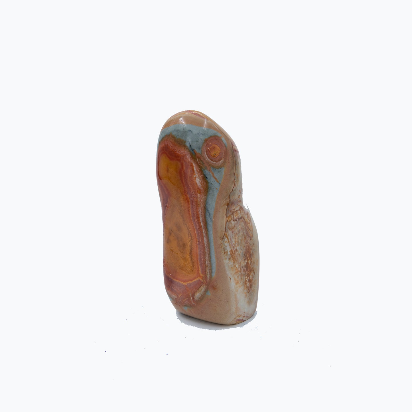 Madagascar Polychrome Jasper. Vividly colored and wildly patterned. Size: 8 inches tall by 3 inches wide. Metaphysical lore says Polychrome Jasper is a stone of grounding, strength and enhancing your ability to access your inner knowledge