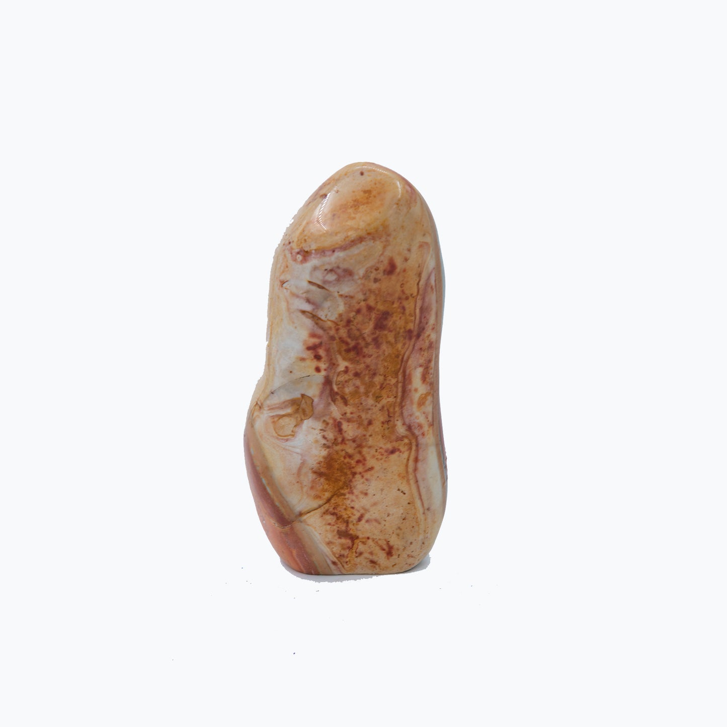 Madagascar Polychrome Jasper. Vividly colored and wildly patterned. Size: 8 inches tall by 3 inches wide. Metaphysical lore says Polychrome Jasper is a stone of grounding, strength and enhancing your ability to access your inner knowledge
