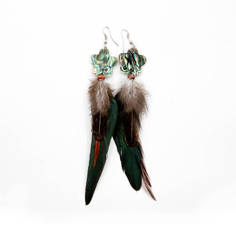 These beauties hang about 5 inches. Nice blue Paua Abalone shell flowers and the main feather has a matching gorgeous blue sheen. Surgical stainless ear wires.