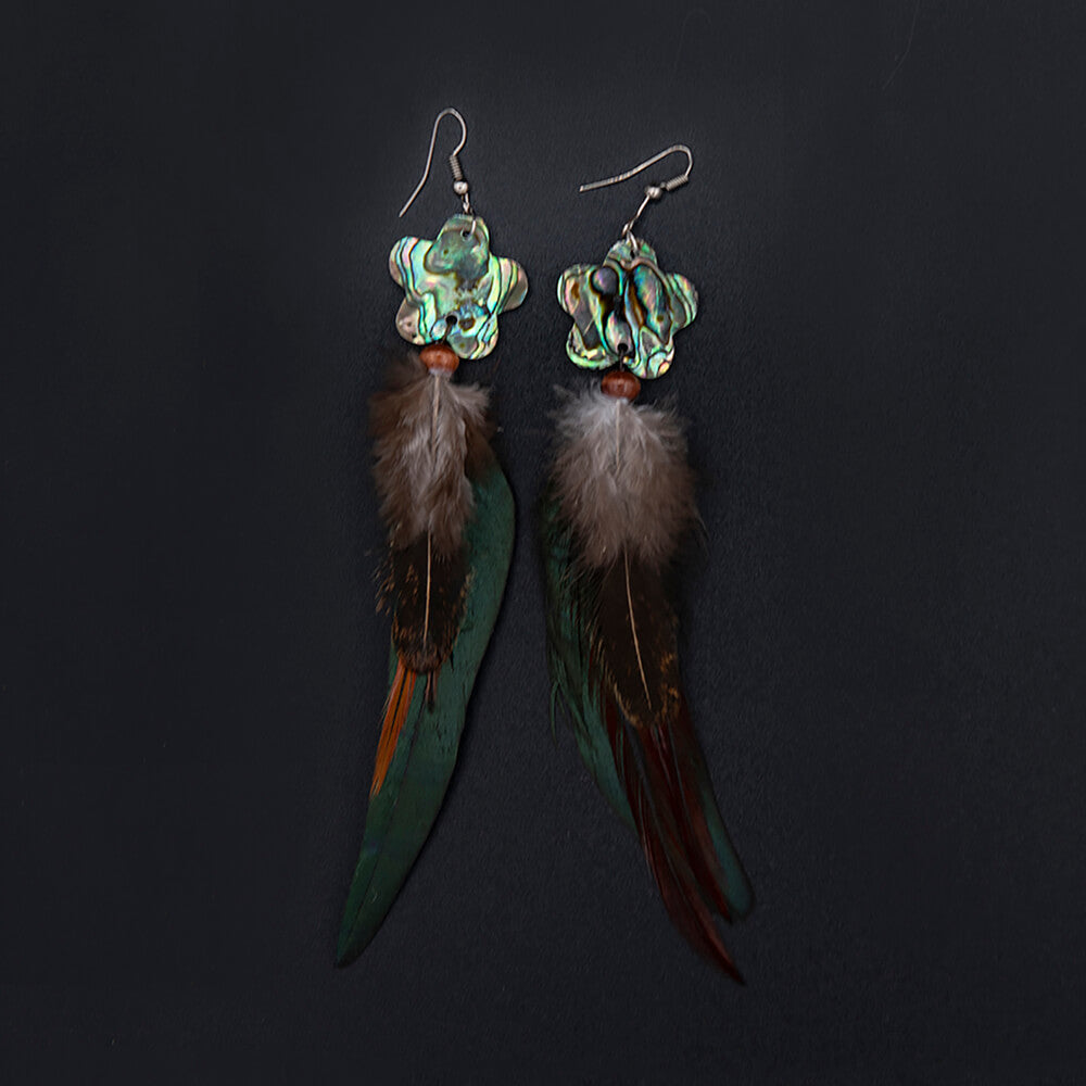 These beauties hang about 5 inches. Nice blue Paua Abalone shell flowers and the main feather has a matching gorgeous blue sheen. Surgical stainless ear wires.