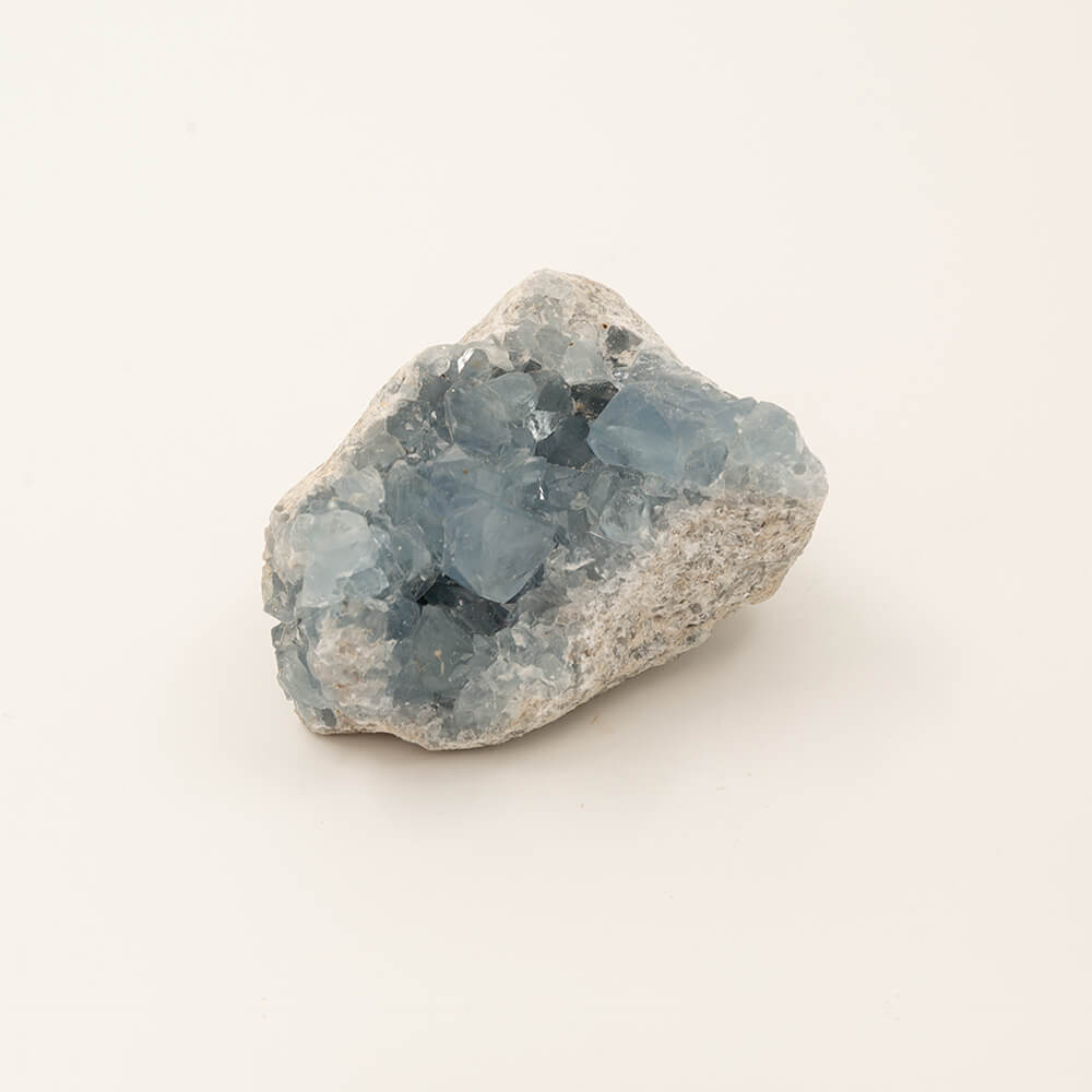 A splendid Celestite cluster. Subtle blue crystals. Celestite is said to be useful for focusing on spiritual strength. Size: 4x3x2.5 inches.