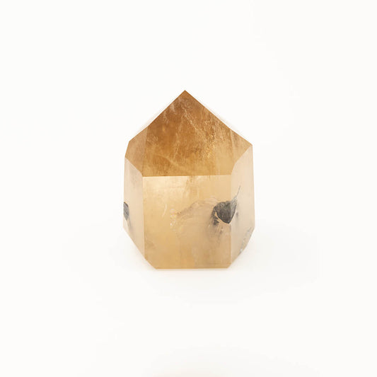 Rare and beautiful crystal point of natural Citrine with Tourmaline inclusions. Impeccable polish and color hue. Size: approximately 4x3x2 inches.