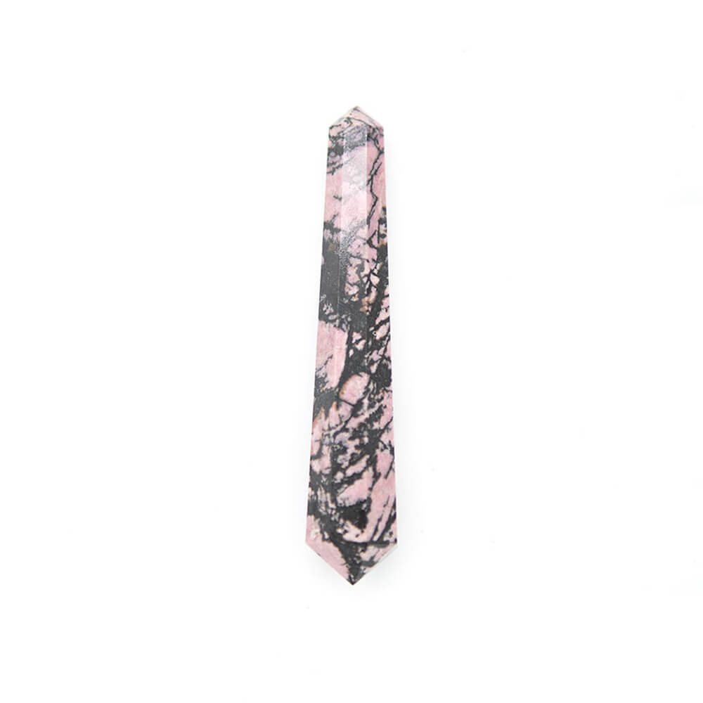 Rhodonite magic wand. Pink and black contrasting patterns. Size: over 4 inches long.