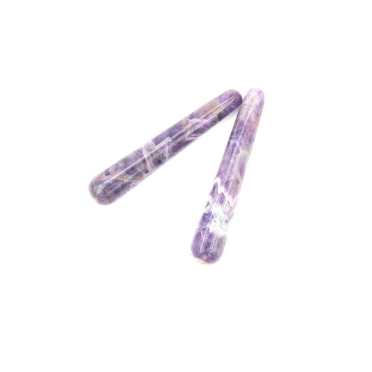 Pleasing purple Chevron Amethyst wands.  4 inches by 3/4 inch diameter tapering to about 1/4 inch. Rounded smooth for massage or magic. This stone is said to have the same properties but be more powerful than regular Amethyst. Peace protection and harmony are said to be among its properties.