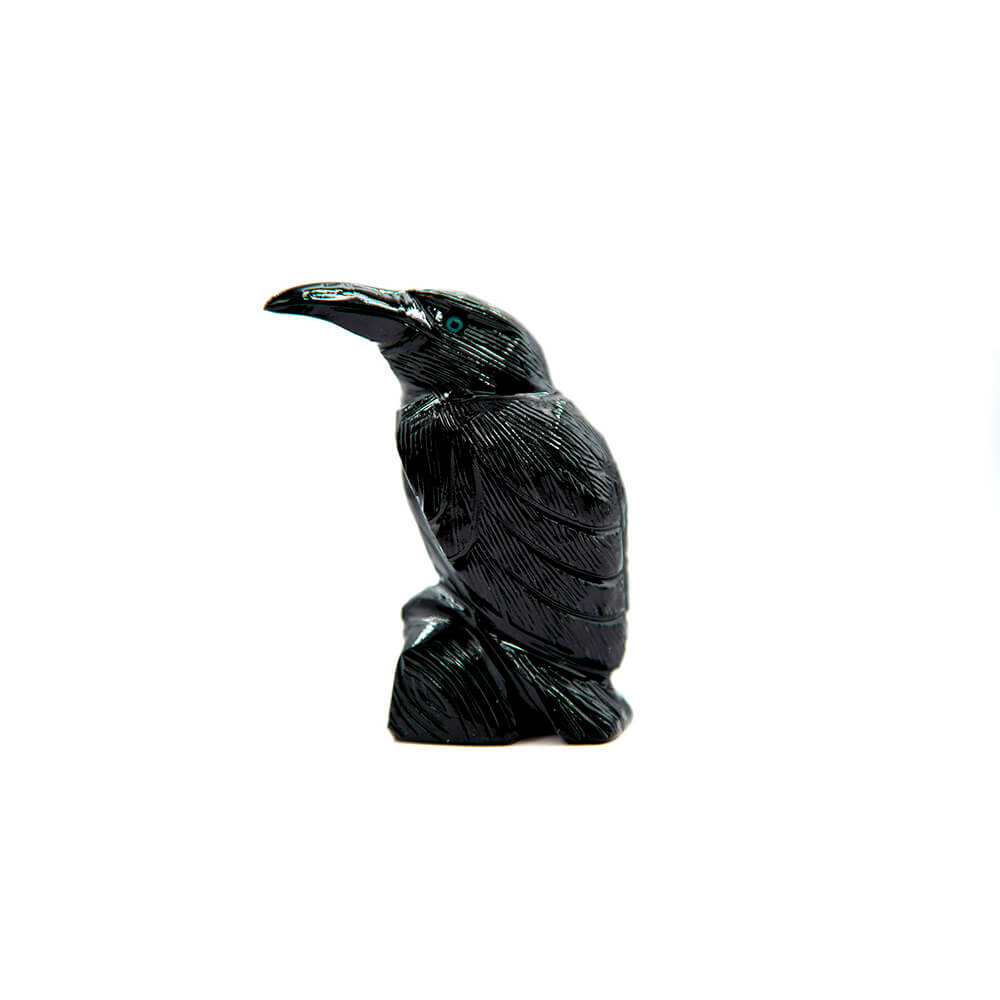A very cool and intricately hand carved Black Onyx Raven. Jet black with blue eyes and over 3 inches tall and 1.5 inches wide. Black Onyx is said to have calming and balancing properties