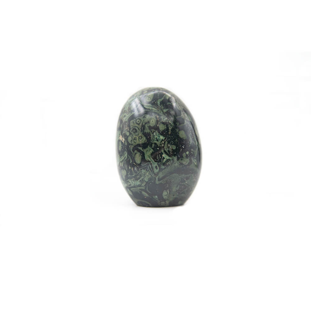 A very striking Kambala Stone with lots of character. Orbs all over and nice play of colors with beautiful patterns. Over 4x3 inches and 2 inches thick.