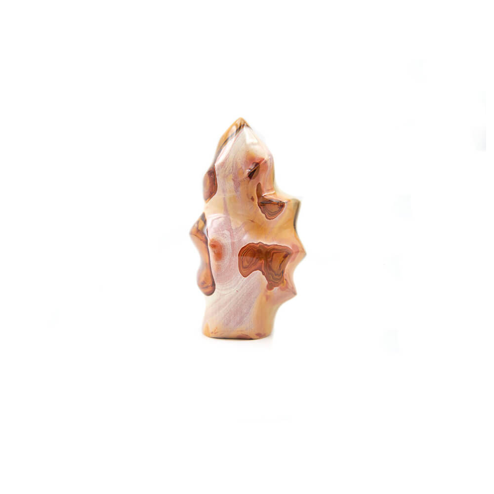 Fine Imperial Jasper hand carved into flame spiral shape. Varied colors and patterns make this a super interesting piece. Over 5 inches tall, over 2.5 inches wide and almost 2 inches deep.