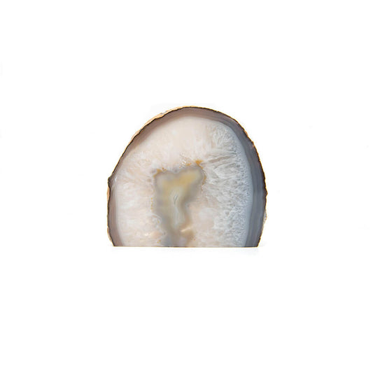 Highly translucent Brazilian Agate.  5 inches wide x almost 5 inches tall and lets lots of light pass through. Beautiful crystalline pattern surrounding the Agate.  Brazilian Agate is said to assist in grounding, protection and stability. The surrounding Quartz is said to amplify the power of the Agate.