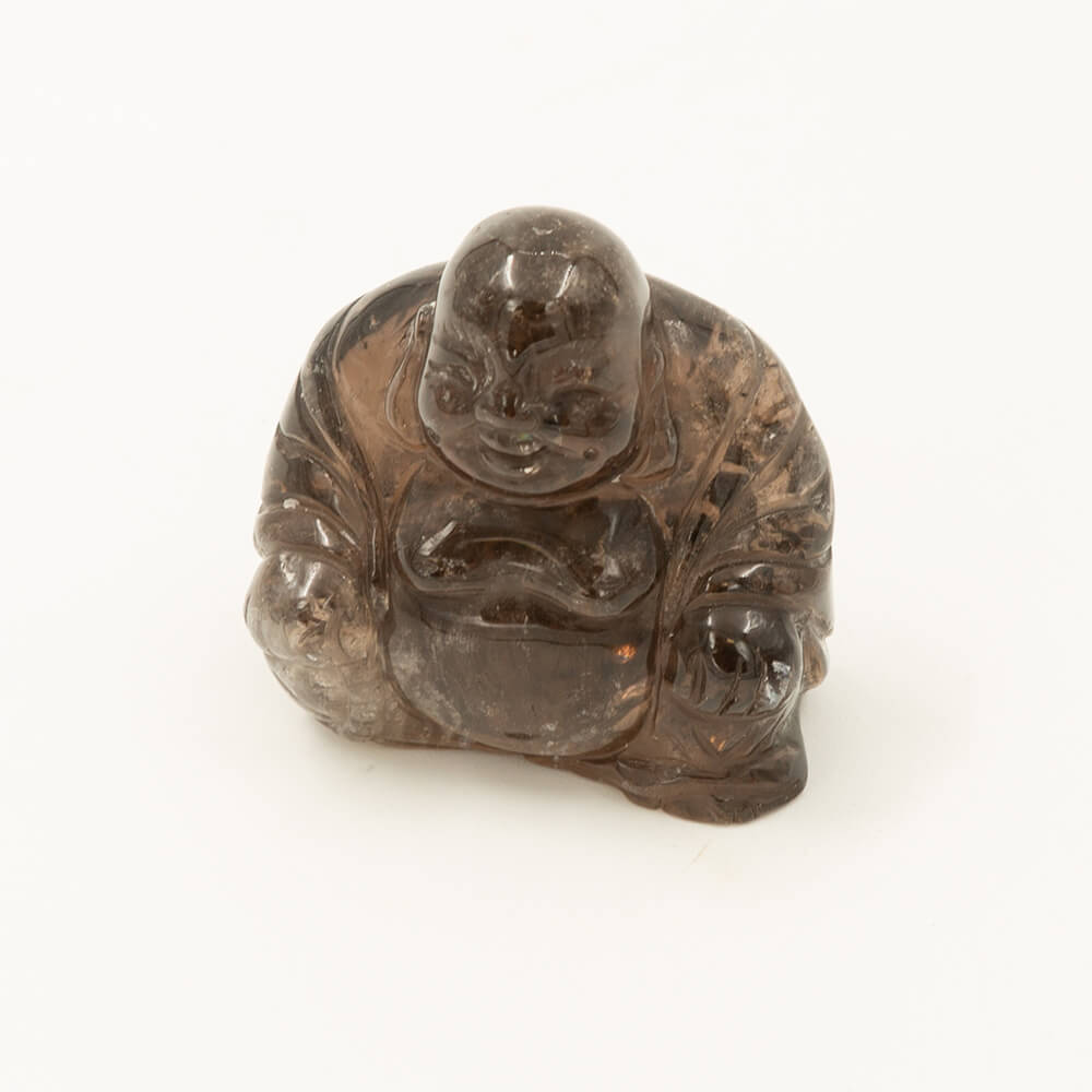 Lustrous Smokey Quartz Buddha carving. Varied earth tones.