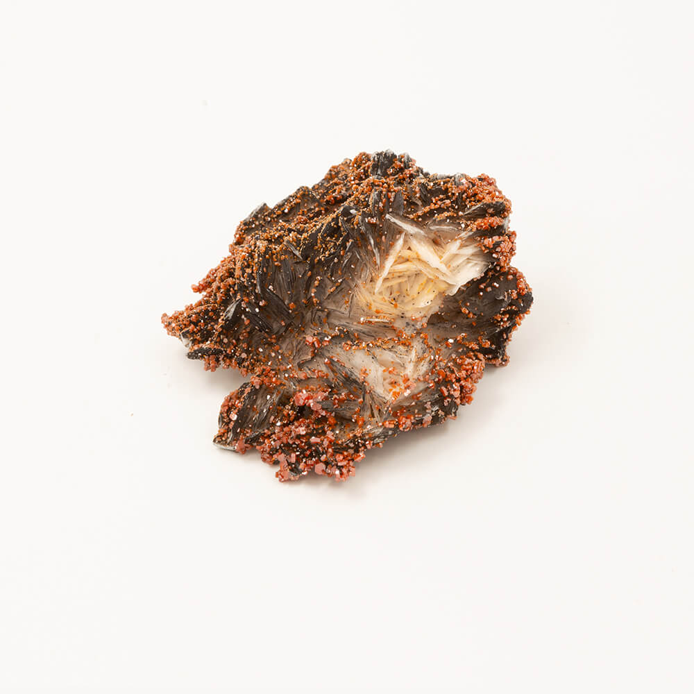 Nice orange Vanadanite crystals with visible Barite crystals. Sourced in North Africa.  Size: approximately 5x4x2 inches.