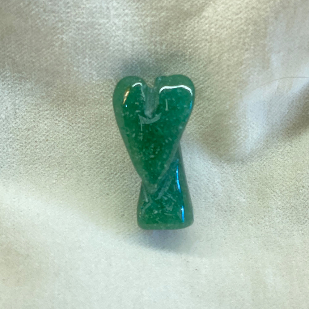 Handcrafted Aventurine Angel figurine. Beautifully carved with nice green color. Size 1 1/4 inch approx.  Folklore says Aventurine should be carried on the person when you need to do your very best that day.