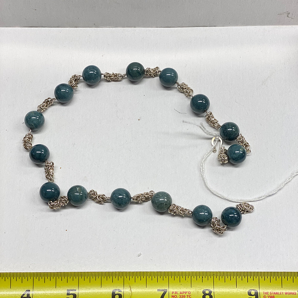 Vonsen Blue Jade Necklace.  Top quality Vonsen Blue Jade Necklace.  Large 12mm beads. 19 inch necklace in Super Sterling.  Handcrafted in Mendocino, California.
