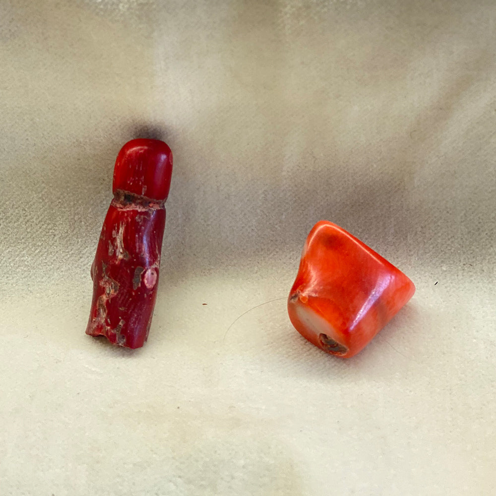 Fossil Red Coral pieces.   Lustrous, pink to red color.   Variable size and shape.  Size varies from 1 inch up.  Many gem and stone dealers do not know or do not tell the truth about these fossil corals.   They were found light brown in color.   They were bleached white, then dyed a super attractive red hue or just dyed red for that darker red hue.  Let me know if you have a preference as to hue.