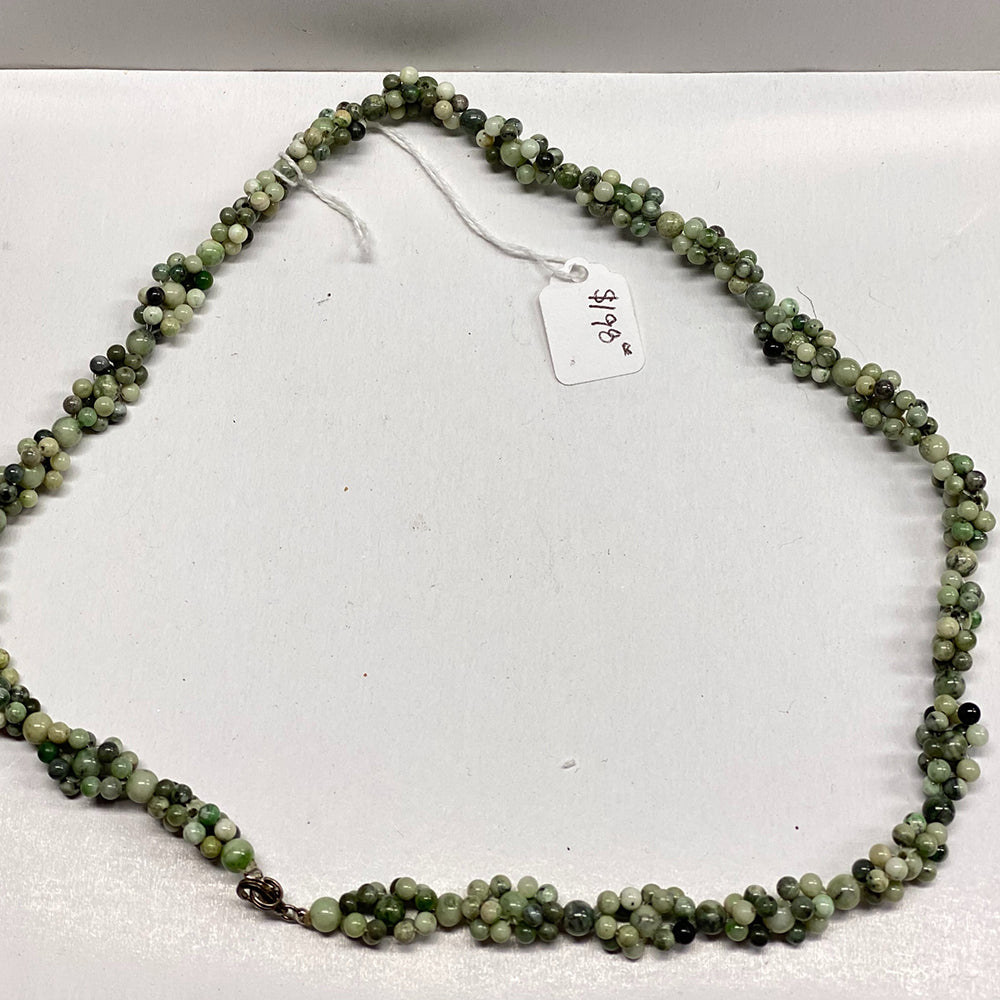 California Jade Necklace. This piece is made with round Jade beads from deposits all over California, consisting of RiverBlossomJade, Mendocino Jade, Eel River Jade, and Big Sur Monterey Jade. An outstanding piece of craftsmanship.