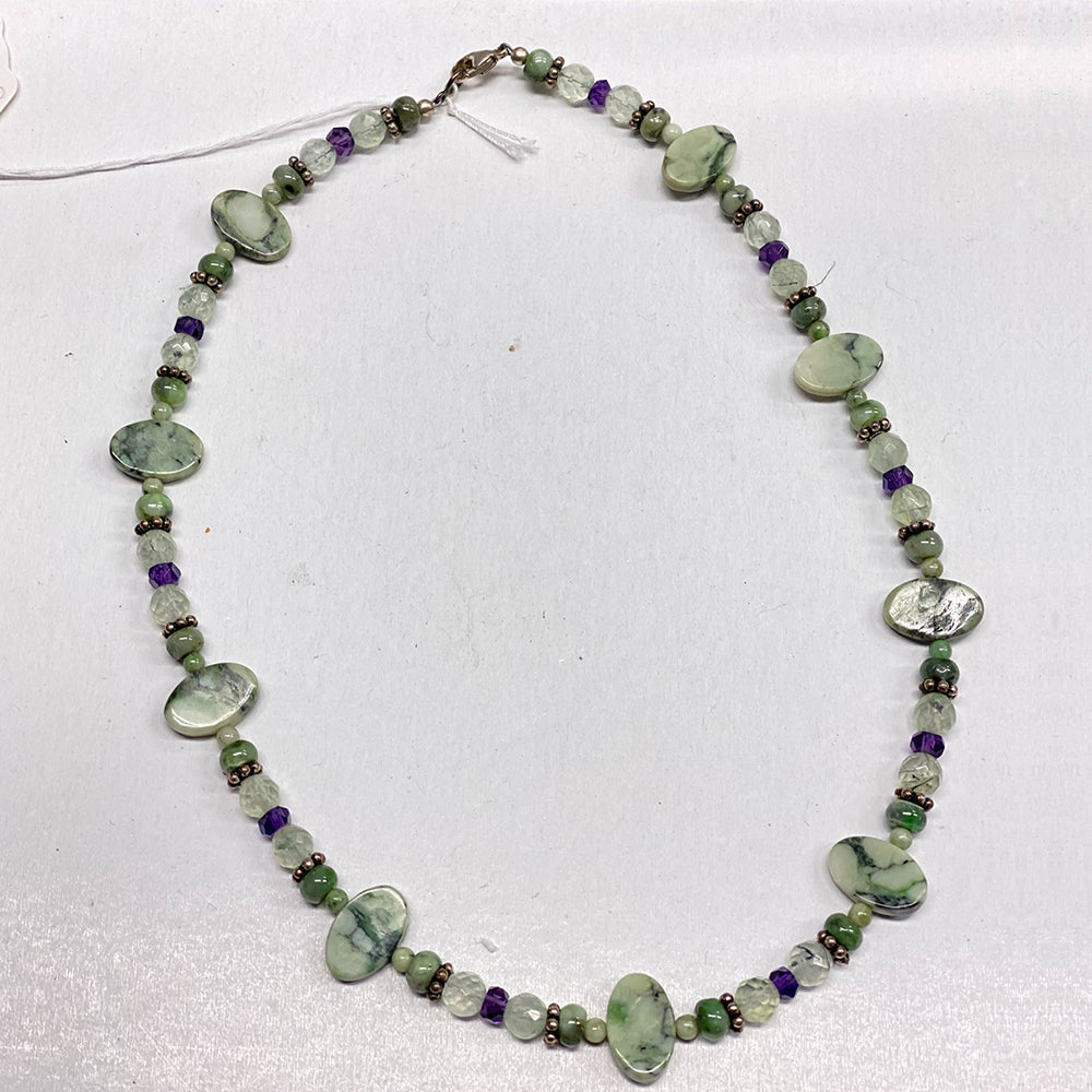 RiverBlossom Jade, Amethyst, Prehnite Necklace. A great combination of minerals were used to create this necklace that no one else will have. Everything used in this piece is great quality. The Jade used in this piece was sourced from our helicopter trips to our private property in the Trinity Alps area in California.