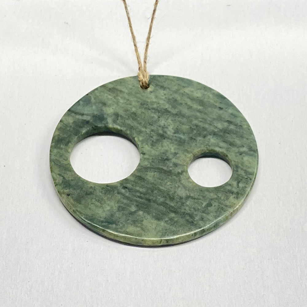 California Jade Sun, Earth, Full Moon Pendant. This piece represents the astronomy of the Sun, Earth and full Moon. Jade is matte finished. Classic celestial symbolism. Sourced in California from the Eel River.