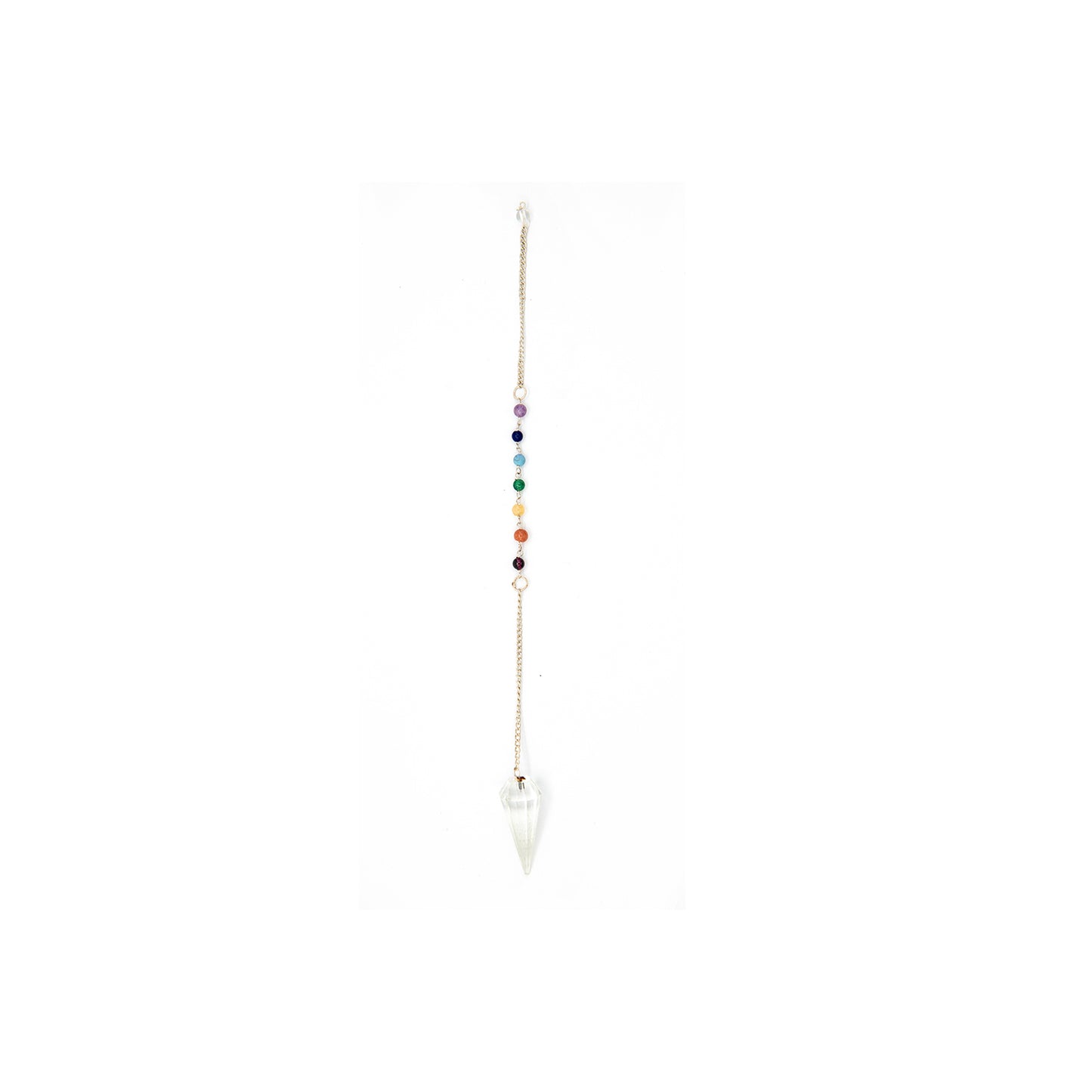 Faceted Quartz Pendulum with Chakra Stones.  Solve your indecision with this powerful pendulum.  Quartz pendulum is approx. 1.5 inches long.