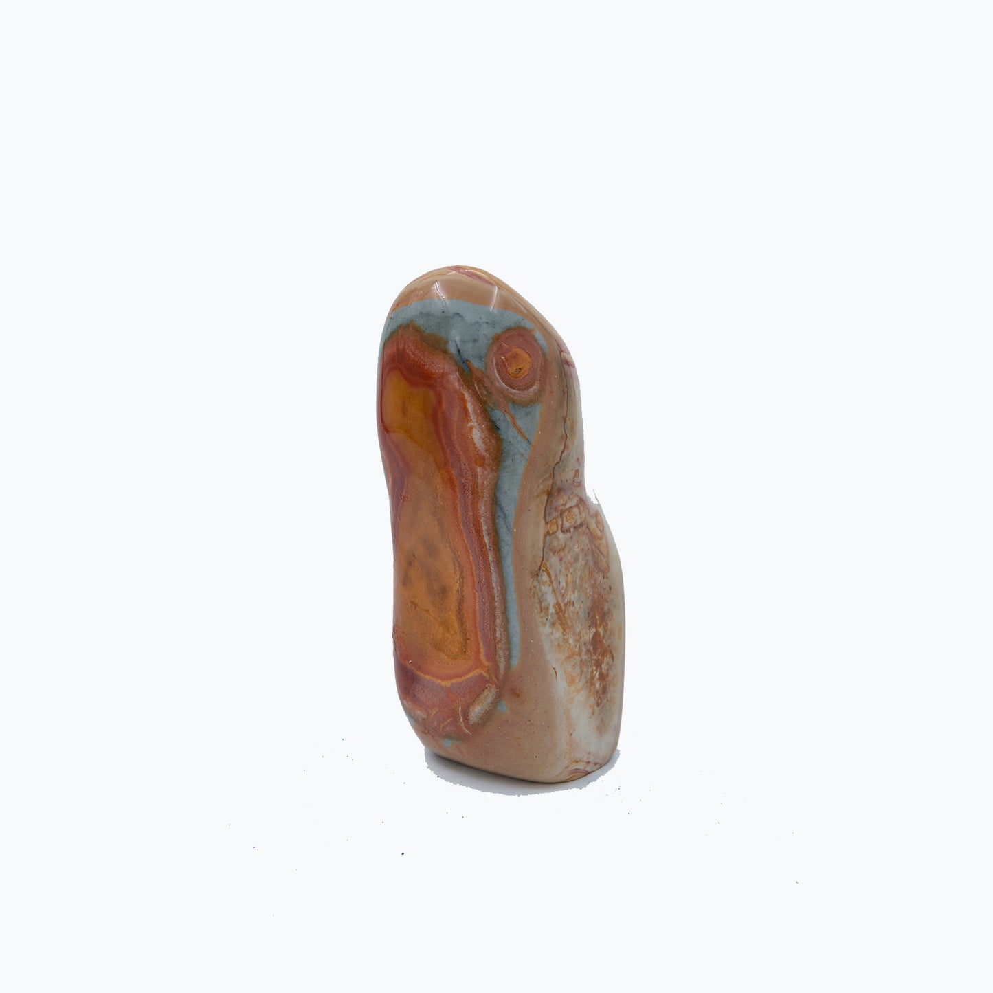 Madagascar Polychrome Jasper.   Vividly colored and wildly patterned.  Size: 8 inches tall by 3 inches wide.  Metaphysical lore says Polychrome Jasper is a stone of grounding, strength and enhancing your ability to access your inner knowledge