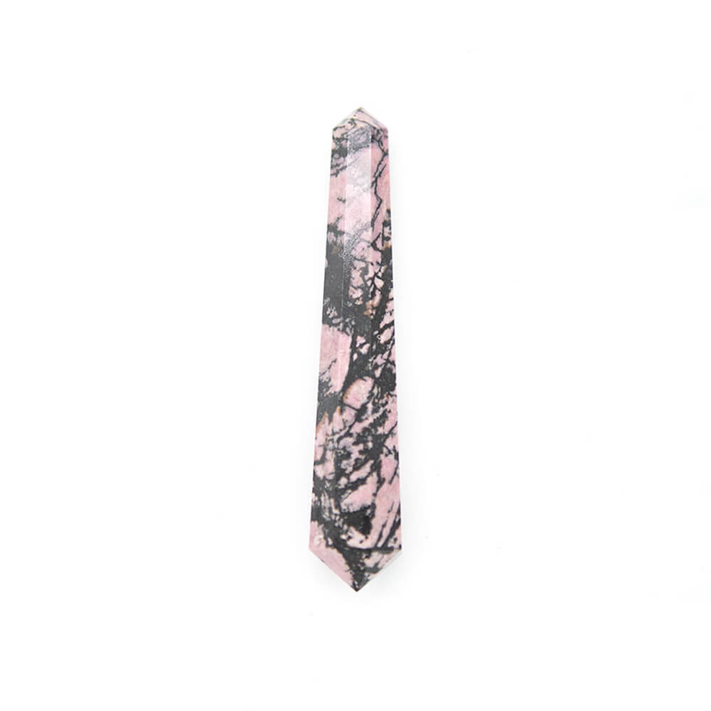 Rhodonite magic wand.  Pink and black contrasting patterns.  Size: over 4 inches long.