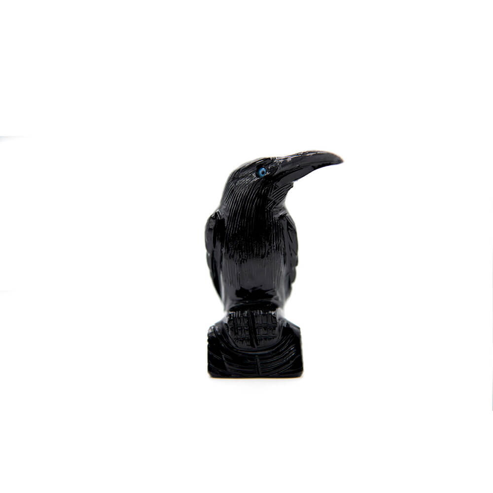 A very cool and intricately hand carved Black Onyx Raven. Jet black with blue eyes and over 3 inches tall and 1.5 inches wide.  Black Onyx is said to have calming and balancing properties