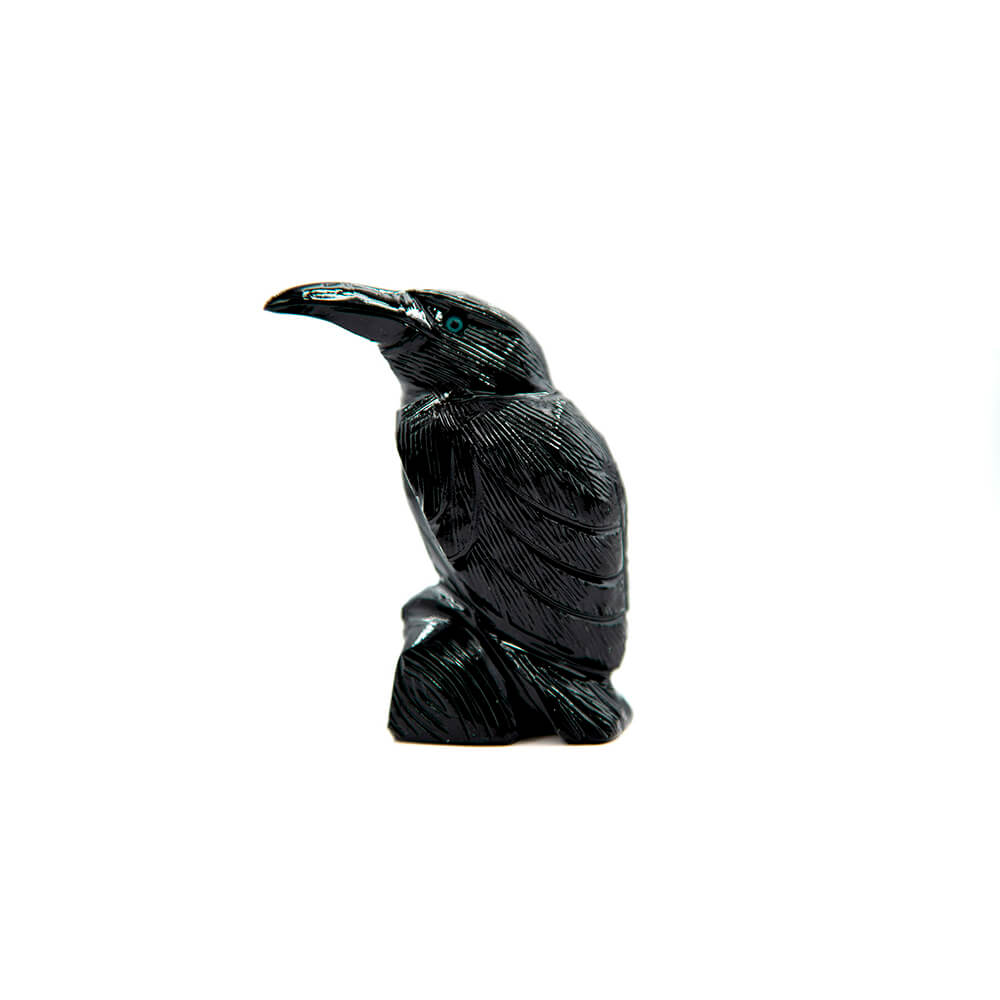 A very cool and intricately hand carved Black Onyx Raven. Jet black with blue eyes and over 3 inches tall and 1.5 inches wide.  Black Onyx is said to have calming and balancing properties