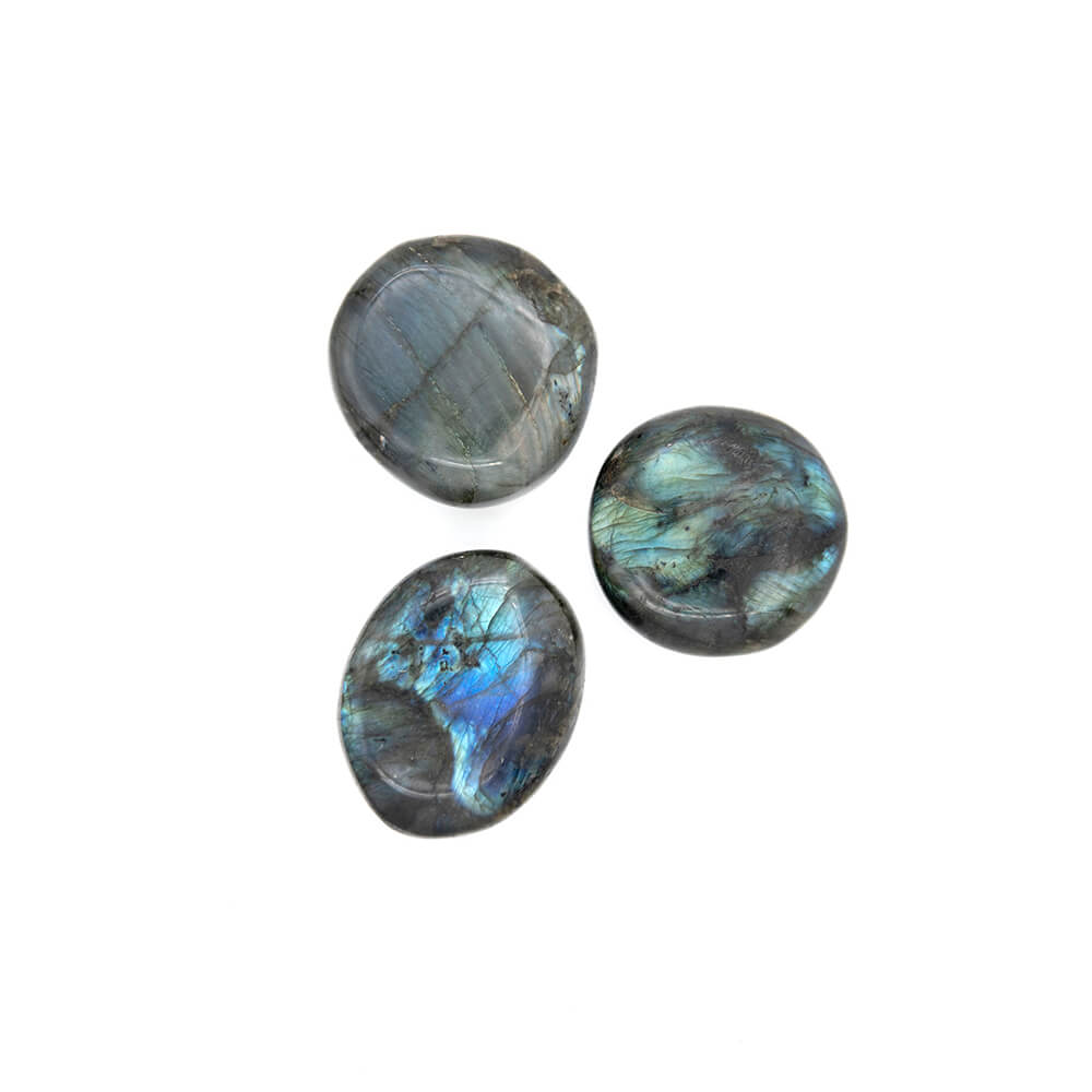 Palm-sized stones of alluring, iridescent Madagascar Labradorite. Rounded flat shape 2.5 to 3 inches in diameter.
