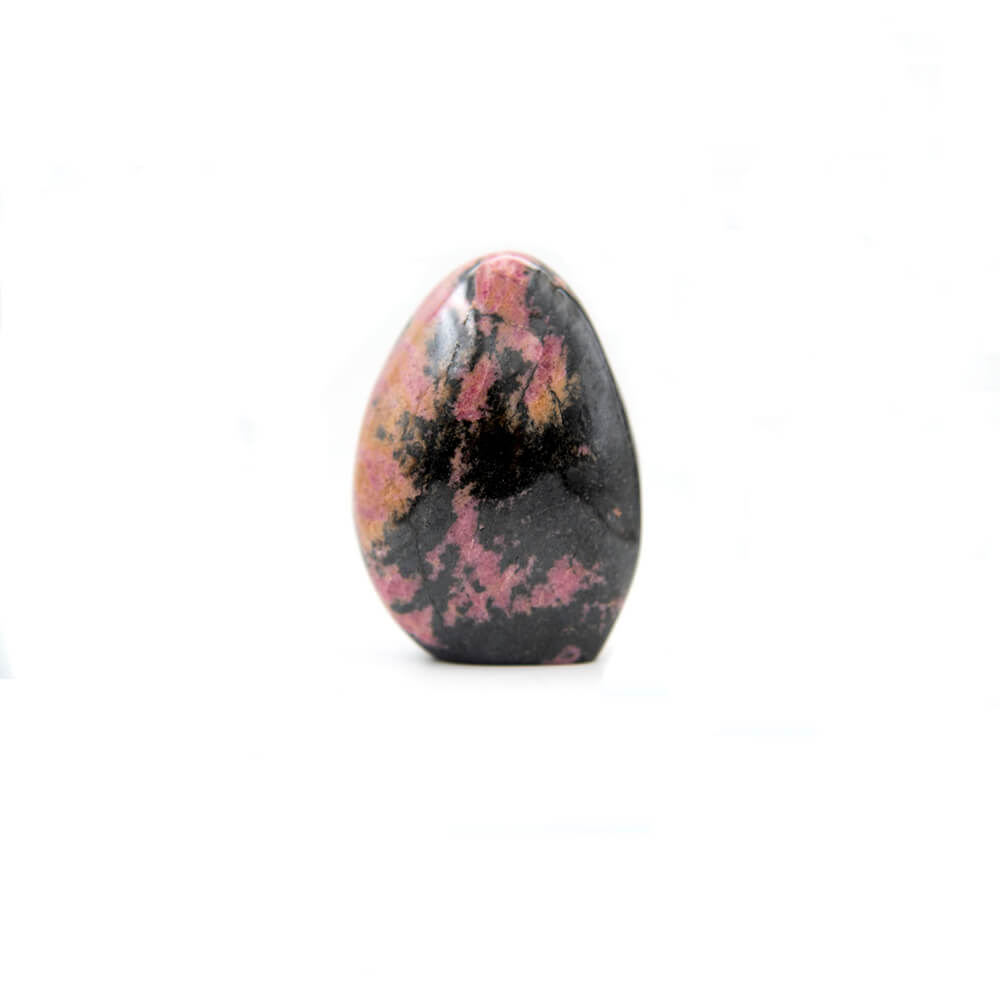 Gorgeous Rhodonite standup stone. Excellent contrast of deep pink and black. Really bright polish and super smooth finish. A little less than 5x4 inches and over 2 inches thick.