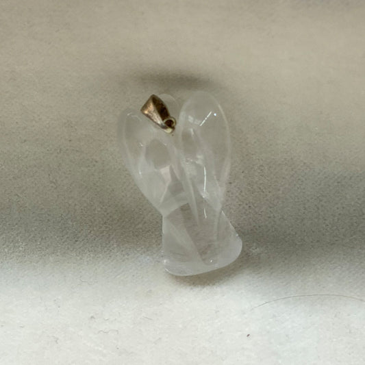 Handcrafted Clear Quartz Angel, with stainless steel pendant ring.  Angel figurine stands at approximately one and a half inches, with a half inch wingspan.