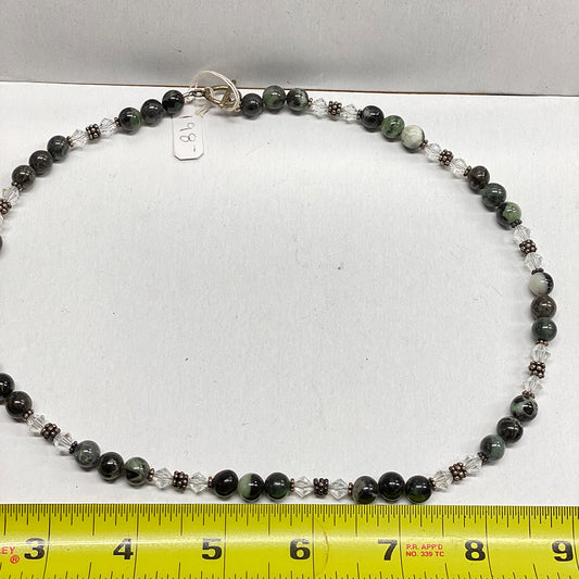 Big Sur Monterey Jade Necklace.  8mm round jade beads with Swavorski crystal and sterling beads. 20 inches long with sterling toggle clasp.