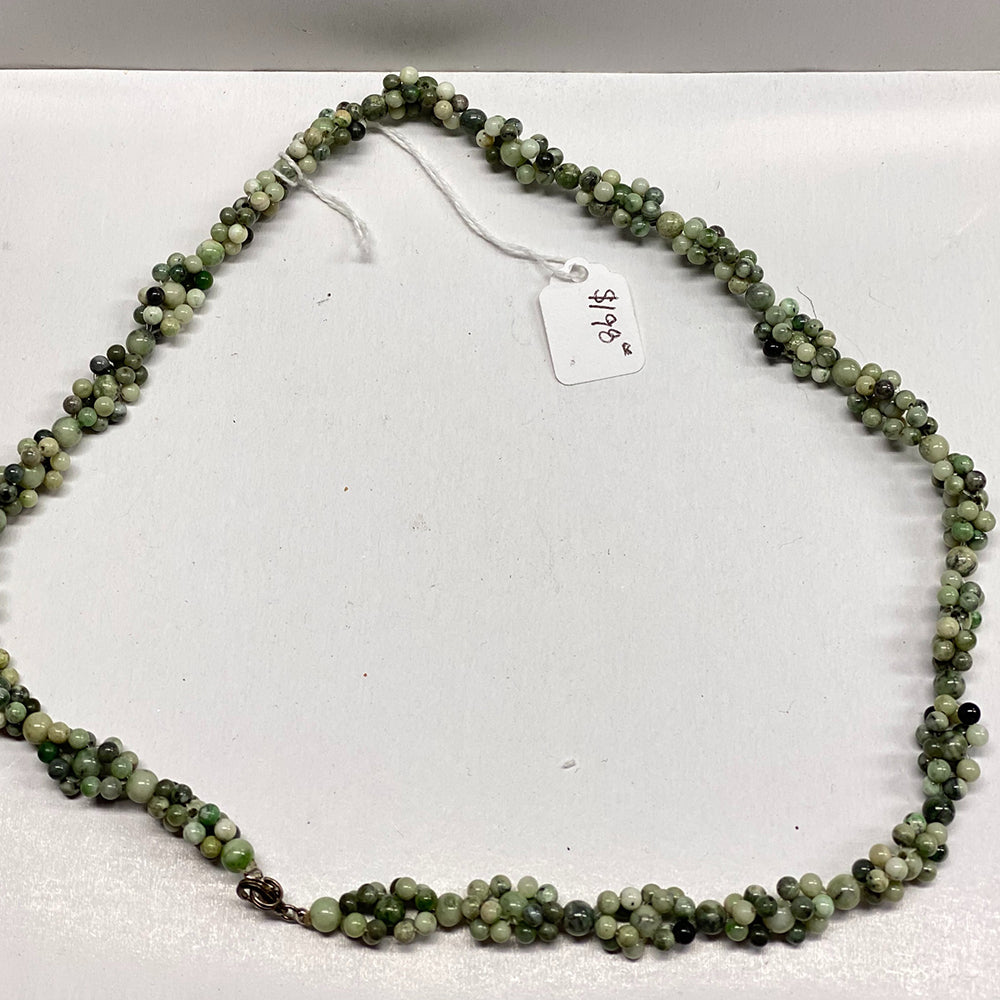 California Jade Necklace.  This piece is made with round Jade beads from deposits all over California, consisting of RiverBlossomJade, Mendocino Jade, Eel River Jade, and Big Sur Monterey Jade. An outstanding piece of craftsmanship.