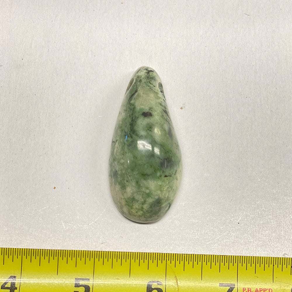 Polished Jade Drilled Stone.  One of a kind.  Size: 2 1/4 x 1 inch.   Large drilled hole for stringing if you choose to wear it.   