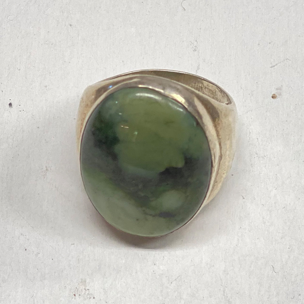 2 tone California Jade Big Man's ring.  Massive 30mm x 22mm Jade stone with solid sterling silver.  Size 14.  One of a kind.