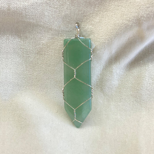 Powerful green aventurine pointed wire wrapped pendant.  Nice polish. 2 1/4 inch long by 3/4 inch wide.