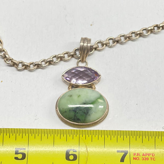 Highly polished RiverBlossom Jade Pendant with matching chain.  Sterling Silver setting with "Rose de France" large Amethyst faceted stone.  Plated chain included.