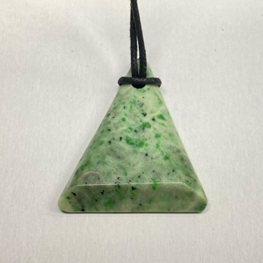 RiverBlossom Jade Triangle Pendant.  This piece contains superior workmanship with nicely beveled edges, excellent shape and eye catching color.  The polish is fine.  The Jade used in this piece was sourced from our helicopter trips to our private property in the Trinity Alps area in California.  One of a kind.